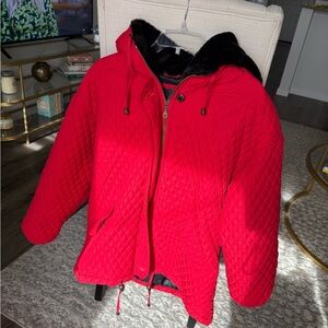 Metropolitan Quilted Red Jacket | Faux Fur Collar | S, Oversized Fit | Zip Front